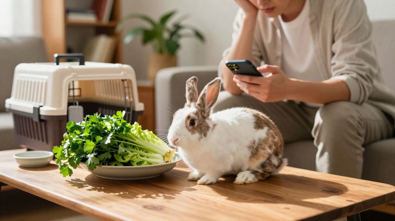 Coelho branco e marrom ao lado de prato com verduras em mesa, com pessoa sentada ao fundo usando celular.