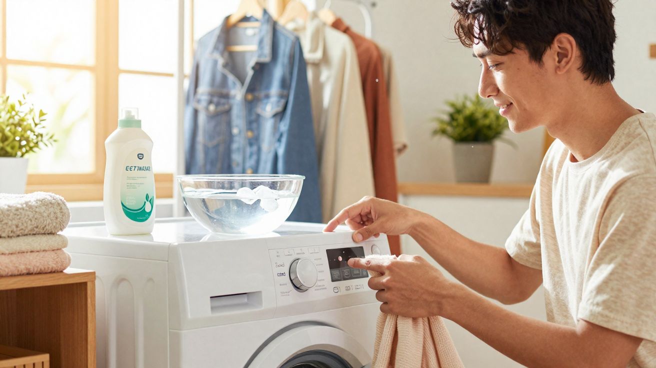 Jovem programando máquina de lavar roupas branca em ambiente iluminado com toalhas e roupas ao fundo.