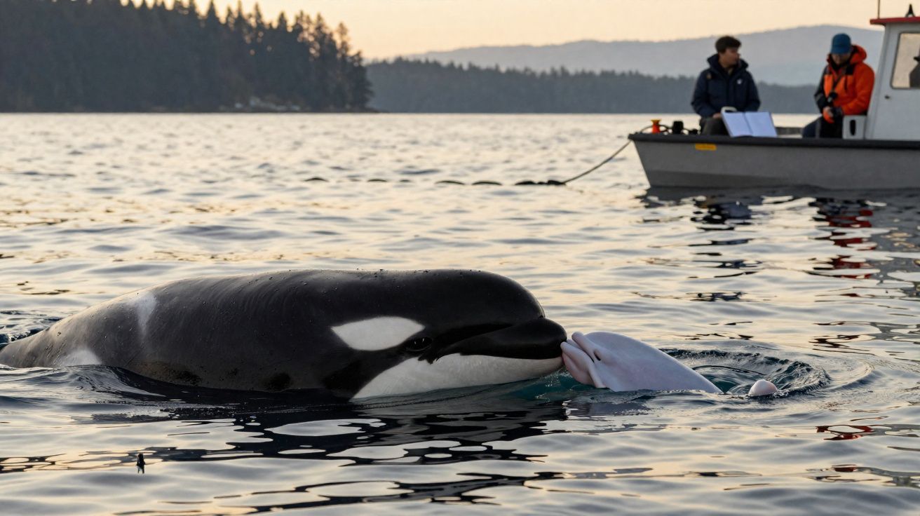 Orca e boto-rosa se tocando no mar ao pôr do sol, com barco e pessoas ao fundo.