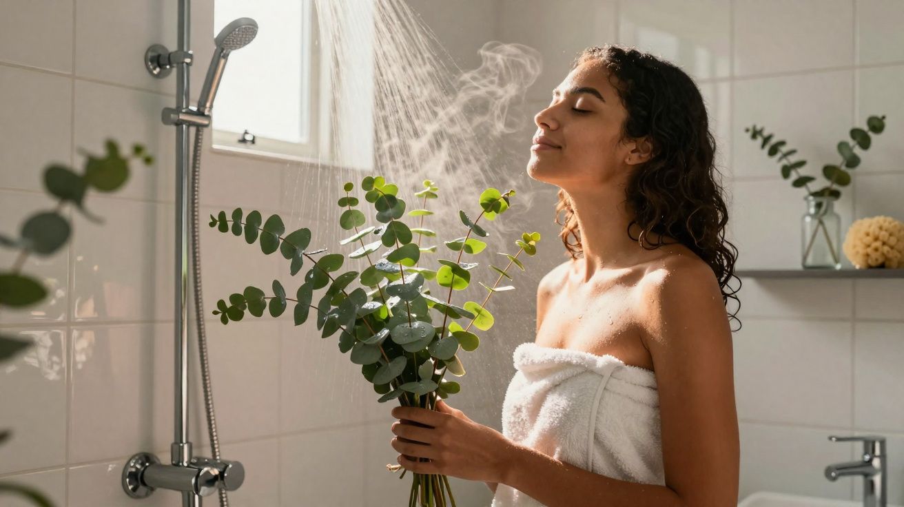 Mulher com toalha tomando banho quente e segurando ramo de folhas verdes no banheiro iluminado.