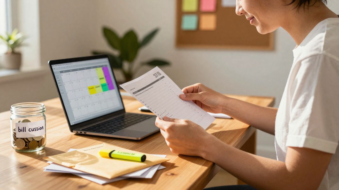 Pessoa analisando contas com laptop, envelope, marcador e pote de moedas em mesa de madeira.
