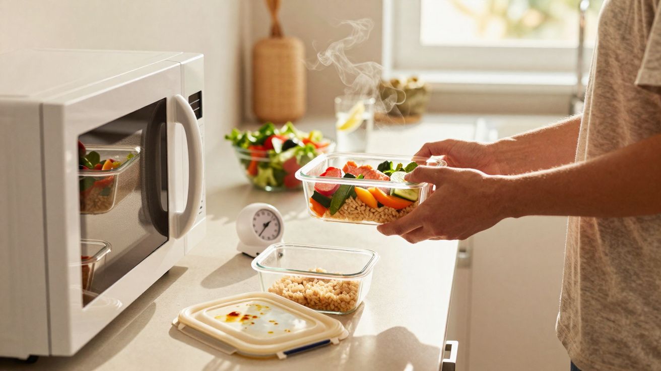 Pessoa segurando pote vapor quente com comida na cozinha perto de micro-ondas e outras tigelas transparentes.
