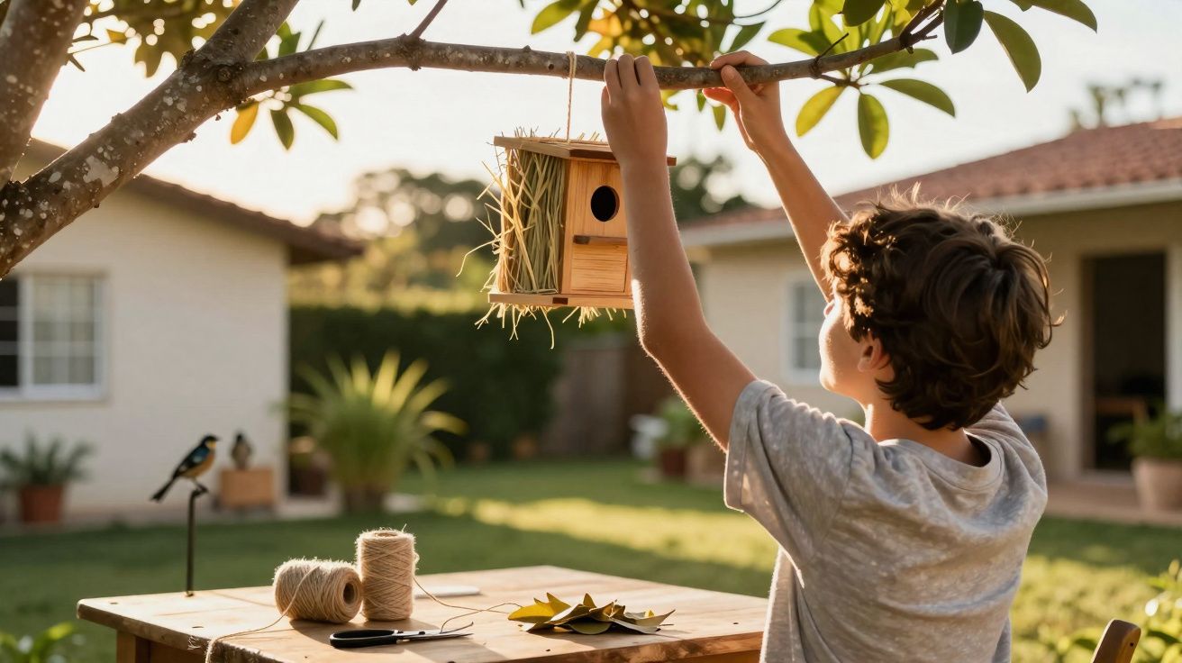 Criança pendura casinha de pássaro em galho de árvore em jardim ensolarado com mesa e materiais.