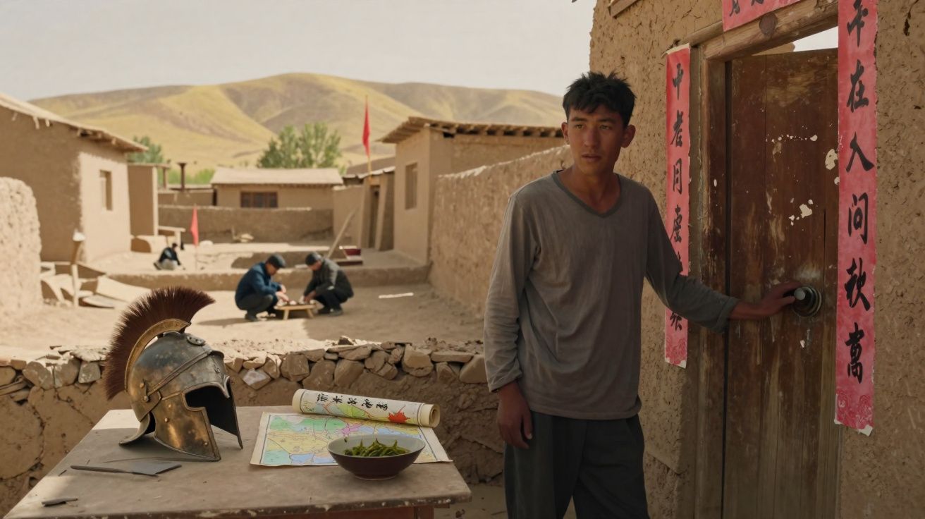 Homem jovem abre porta de casa simples com capacete antigo e mapa sobre mesa ao ar livre em vila rural.