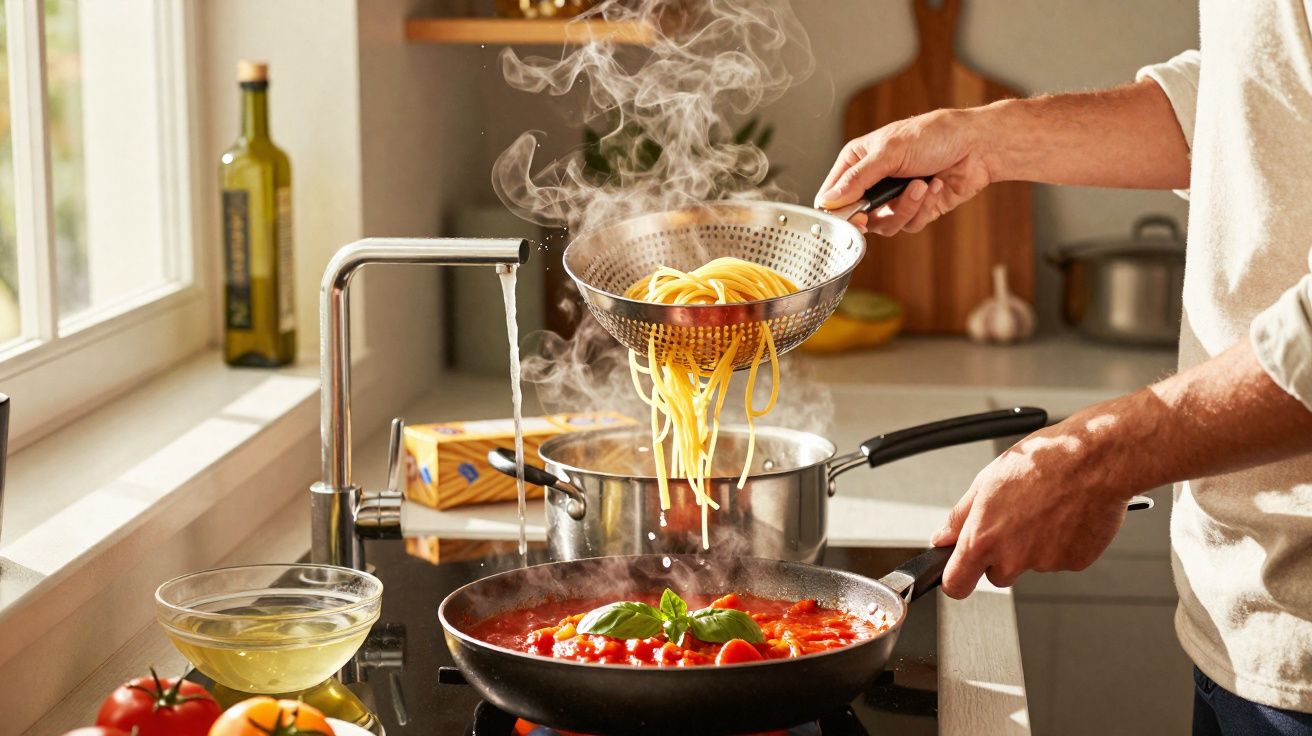 Pessoa escorrendo macarrão com escorredor em panela com molho de tomate fresco na cozinha iluminada.