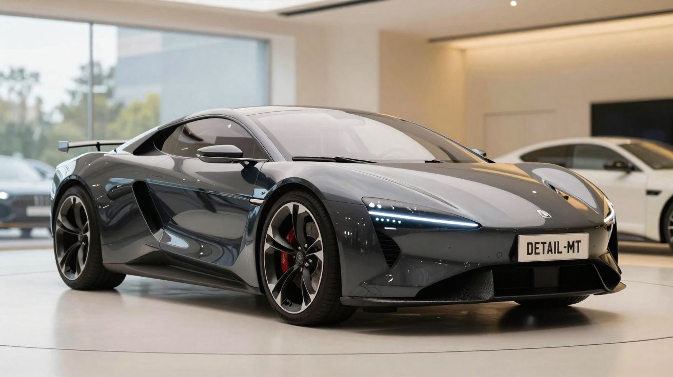 Carro esportivo cinza metálico estacionado em showroom com iluminação natural e design aerodinâmico moderno.