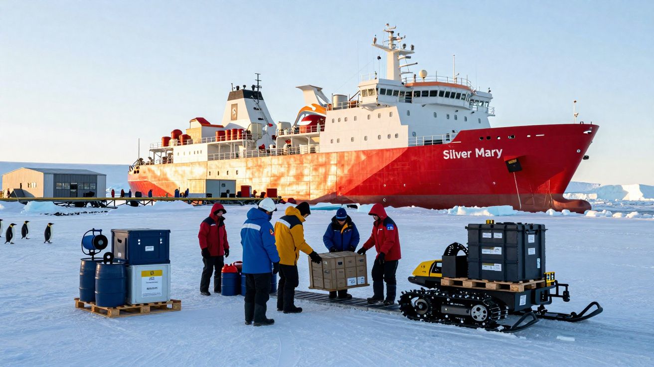 Equipe em roupas de frio descarrega suprimentos na neve com navio de pesquisa vermelho ao fundo.