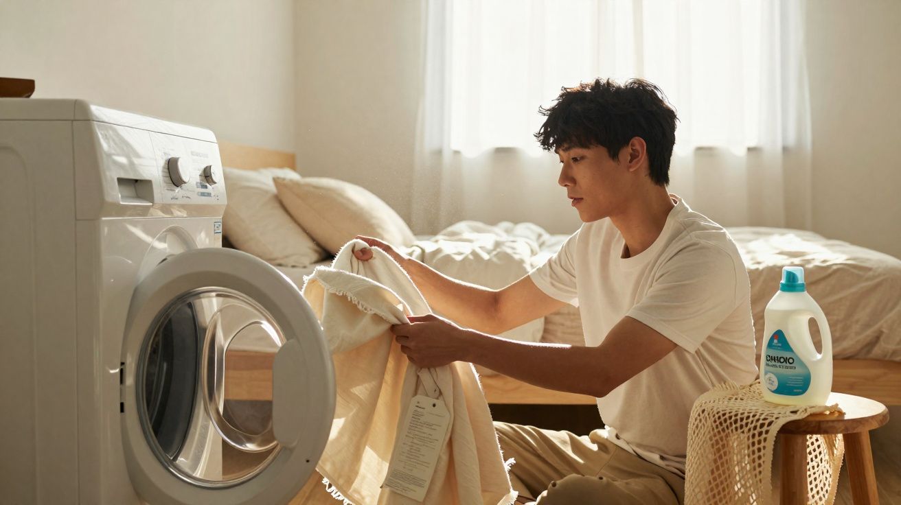 Homem jovem sentado perto de máquina de lavar roupas, segurando peça de roupa clara em ambiente iluminado.
