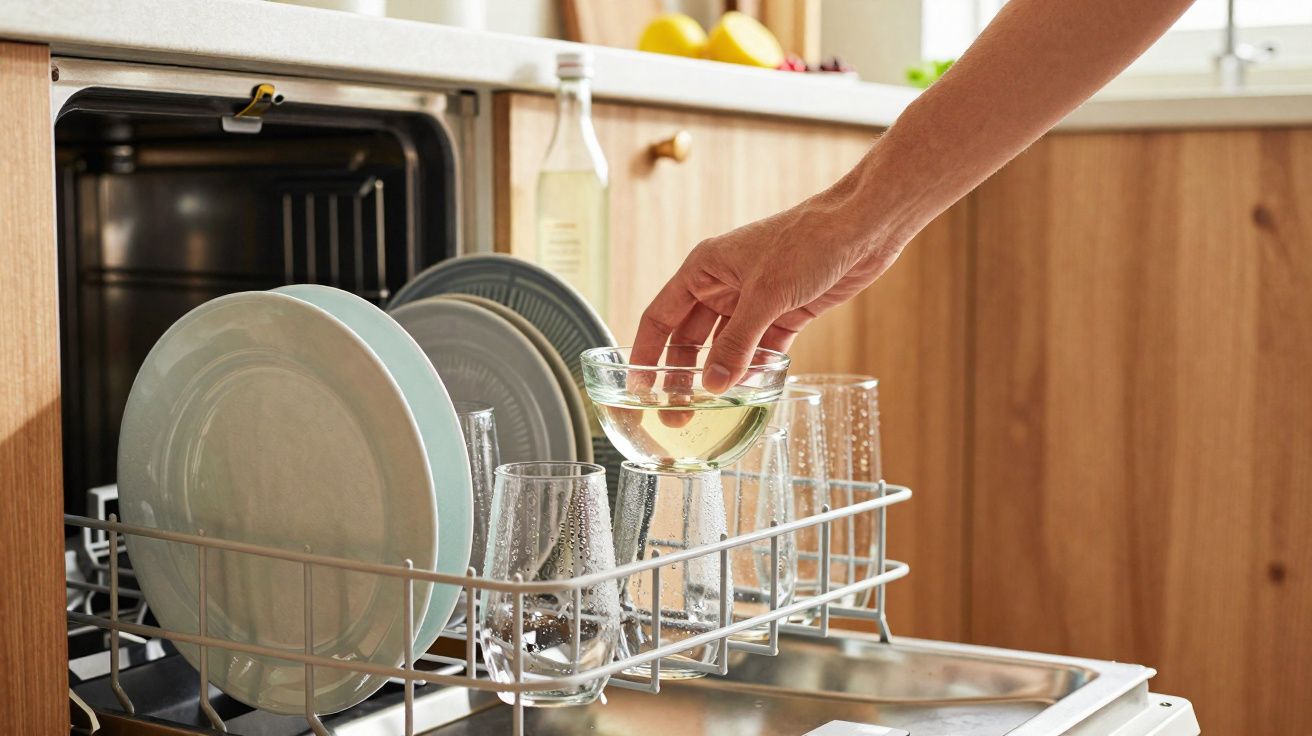 Pessoa retirando um recipiente de vidro com comida do cesto de uma máquina de lavar louça na cozinha.