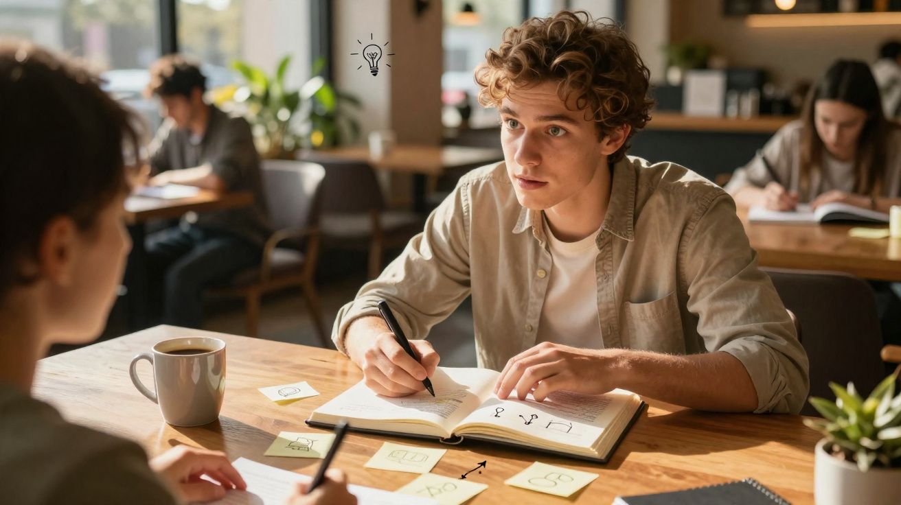Jovem com cabelos cacheados anotando ideias em caderno em café com pessoa e post-its na mesa.