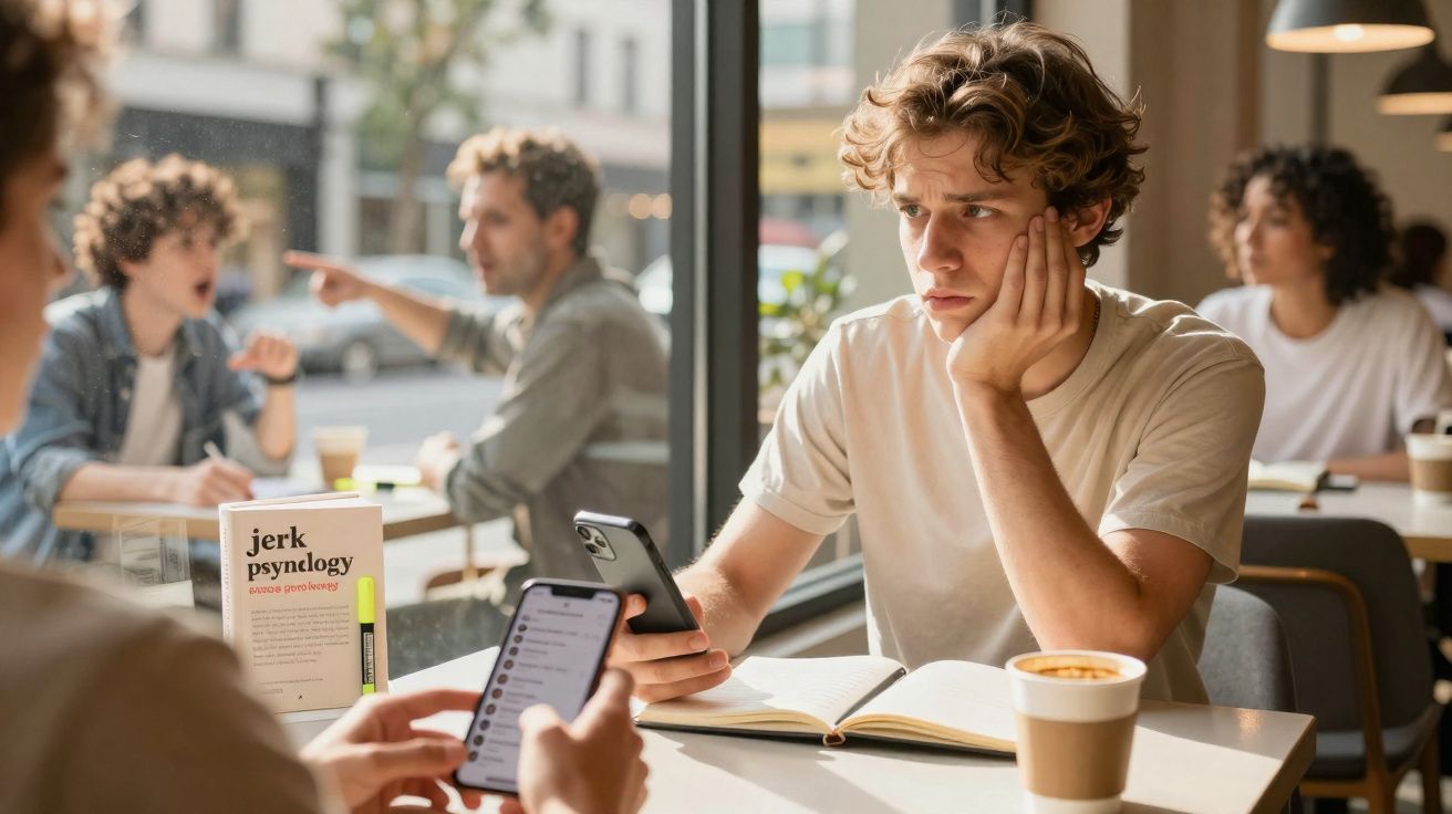 Jovem pensativo com celular e caderno em mesa de cafeteria, outras pessoas conversando ao fundo.