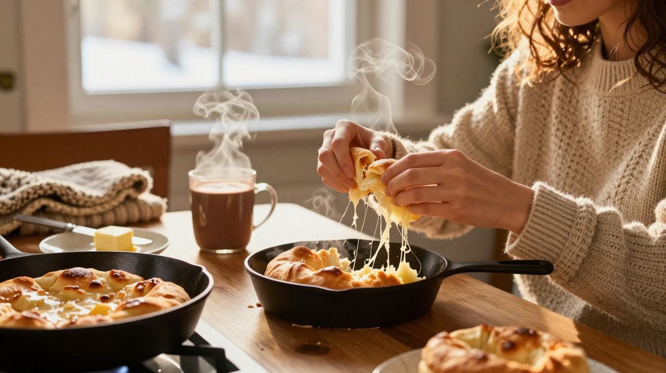 Mulher com suéter bege puxando pão quente e com queijo derretido em frigideira, xícara com bebida quente ao fundo.