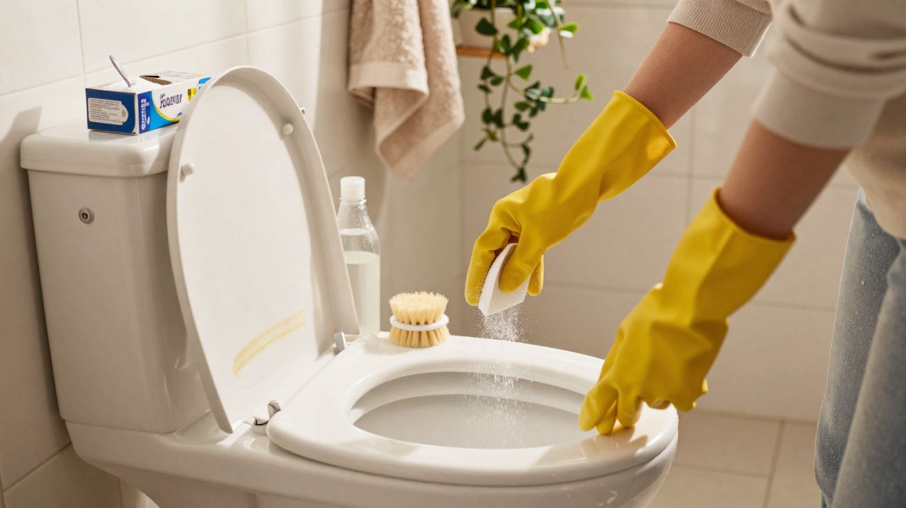 Pessoa com luvas amarelas aplicando produto de limpeza no vaso sanitário branco em banheiro.