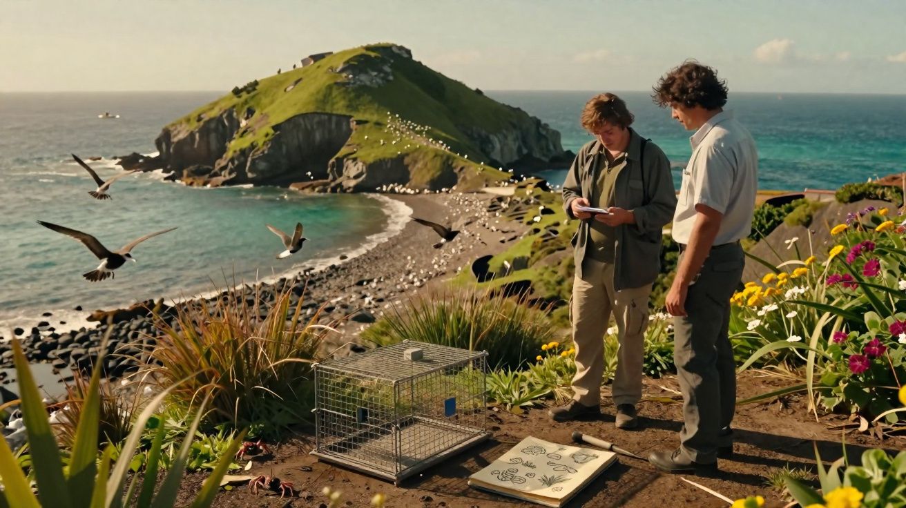 Duas pessoas observam aves marinhas em ilha rochosa com gaiola, livros e flores à beira do mar.