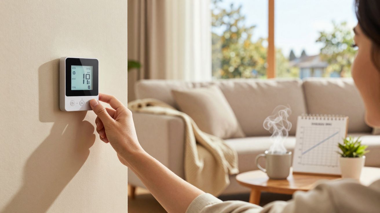 Pessoa ajustando termostato digital na parede em sala de estar iluminada e aconchegante.