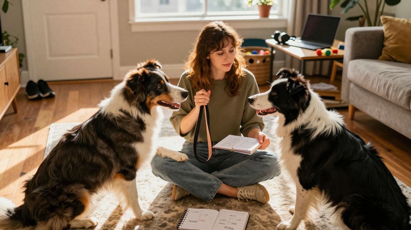 Mulher sentada no chão com dois cães, segurando coleira e caderno em sala de estar ensolarada.