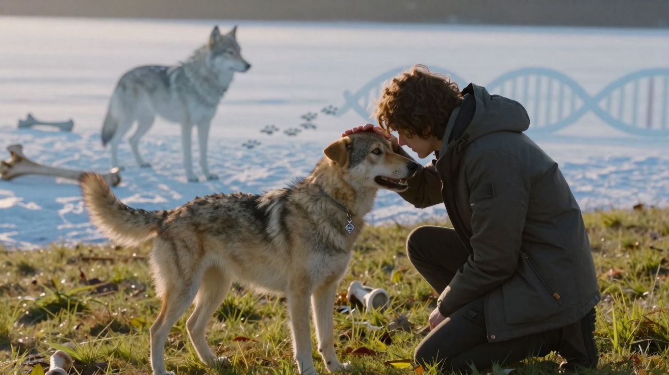 Pessoa agachada acariciando cachorro tipo lobo em área com grama e neve ao fundo.