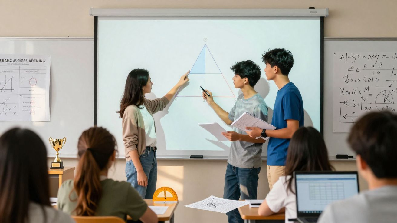 Estudantes apresentam projeto com triângulo em quadro digital na frente da sala de aula.