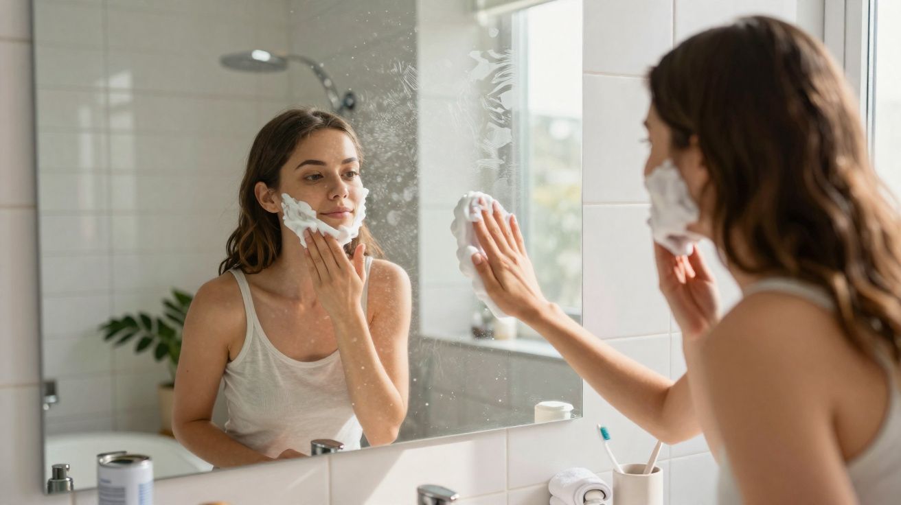 Mulher aplicando espuma de barbear no rosto em frente ao espelho no banheiro iluminado.