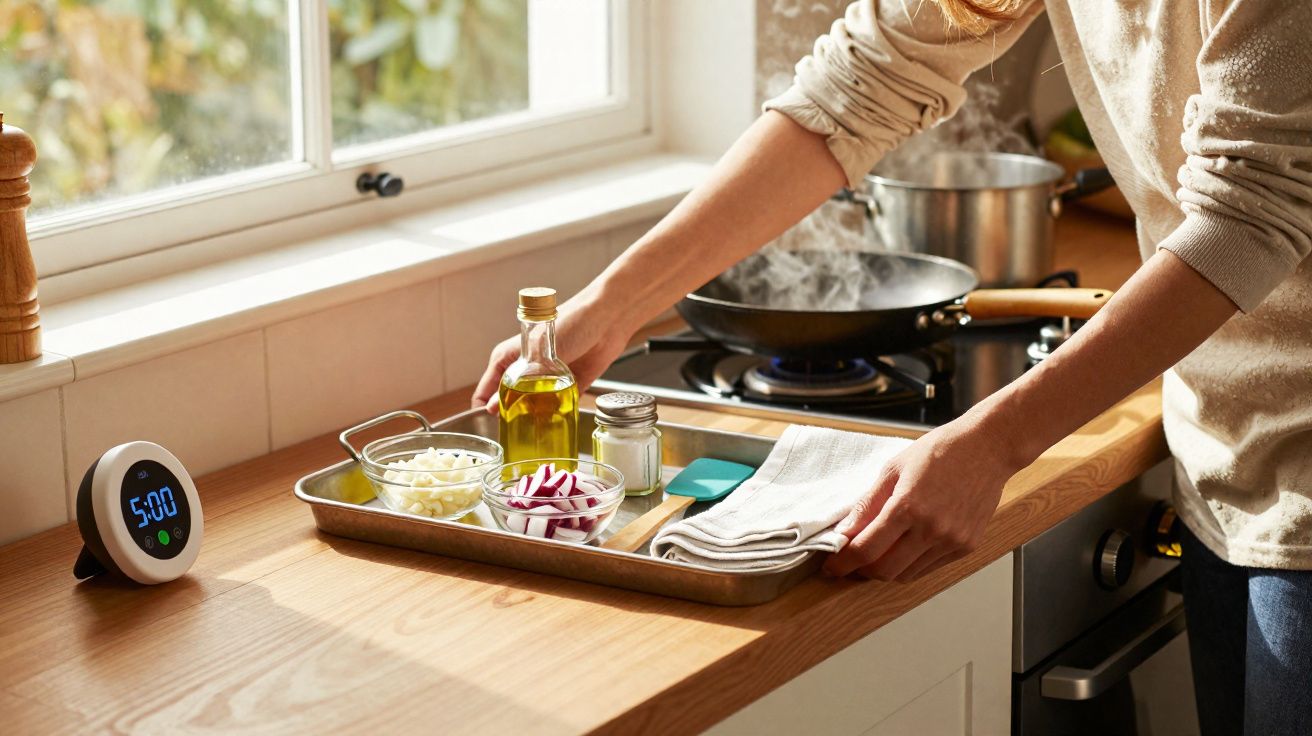 Pessoa preparando ingredientes em uma bandeja na cozinha, com frigideira no fogão e temporizador marcando 5 minutos.