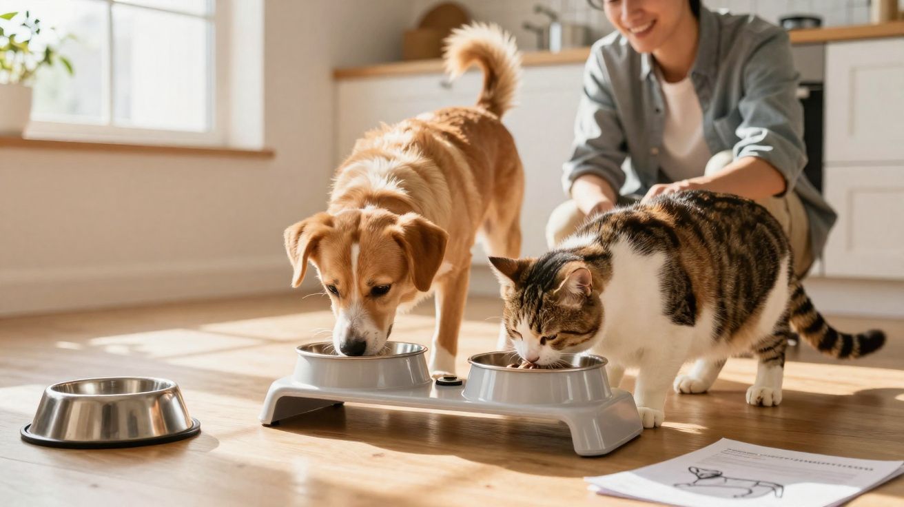 Cachorro e gato comendo juntos na cozinha enquanto pessoa sorri ao fundo.