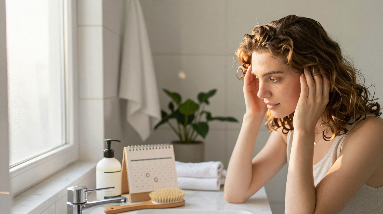 Mulher olhando o rosto no espelho de banheiro iluminado pela luz do dia, com toalhas e planta ao fundo.