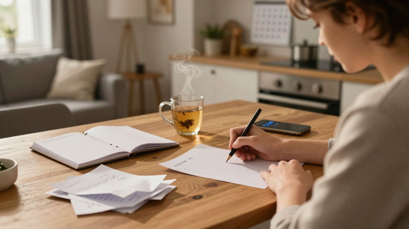 Pessoa escrevendo em folha sobre mesa de madeira com caderno, celular e xícara de chá fumegante ao lado.