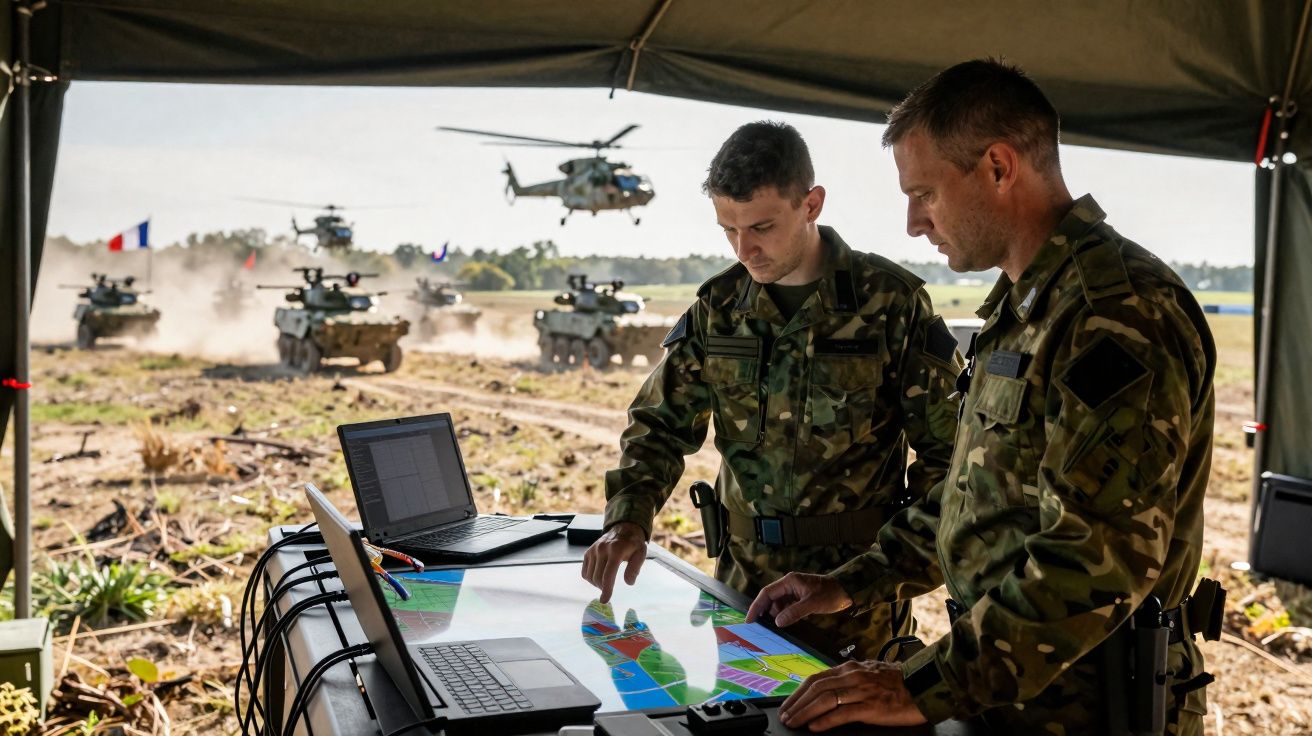 Dois soldados analisam mapa em mesa sob barraca com tanques e helicópteros ao fundo em terreno aberto.