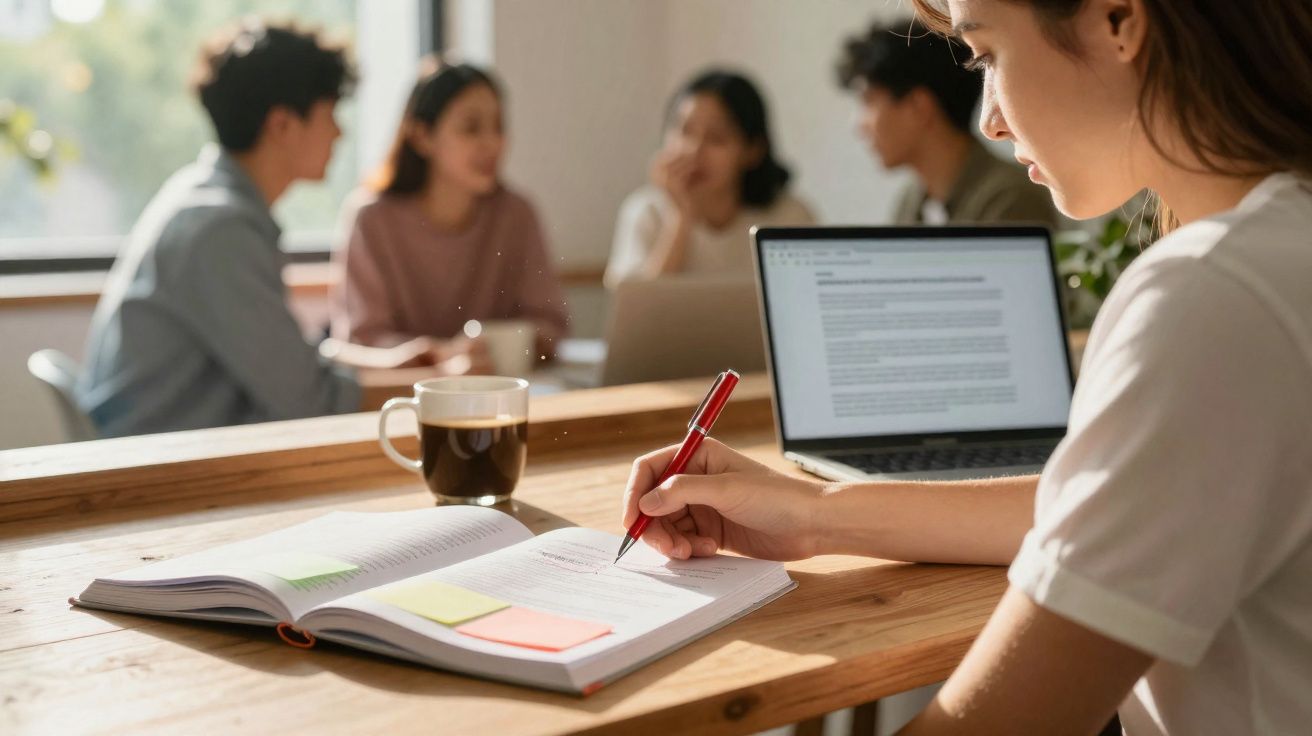 Pessoa escrevendo em livro aberto com laptop e grupo conversando ao fundo em ambiente iluminado.