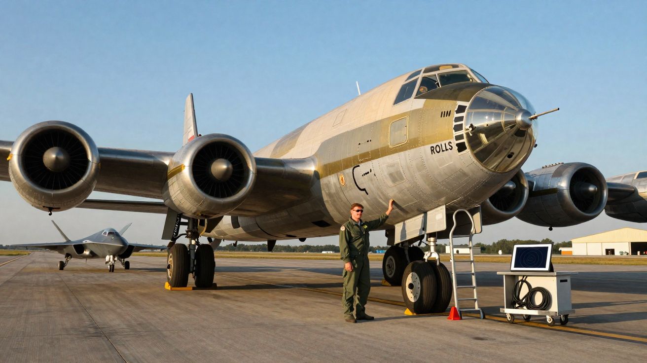 Avião militar clássico estacionado no aeroporto com piloto em pé, dia claro e céu azul.