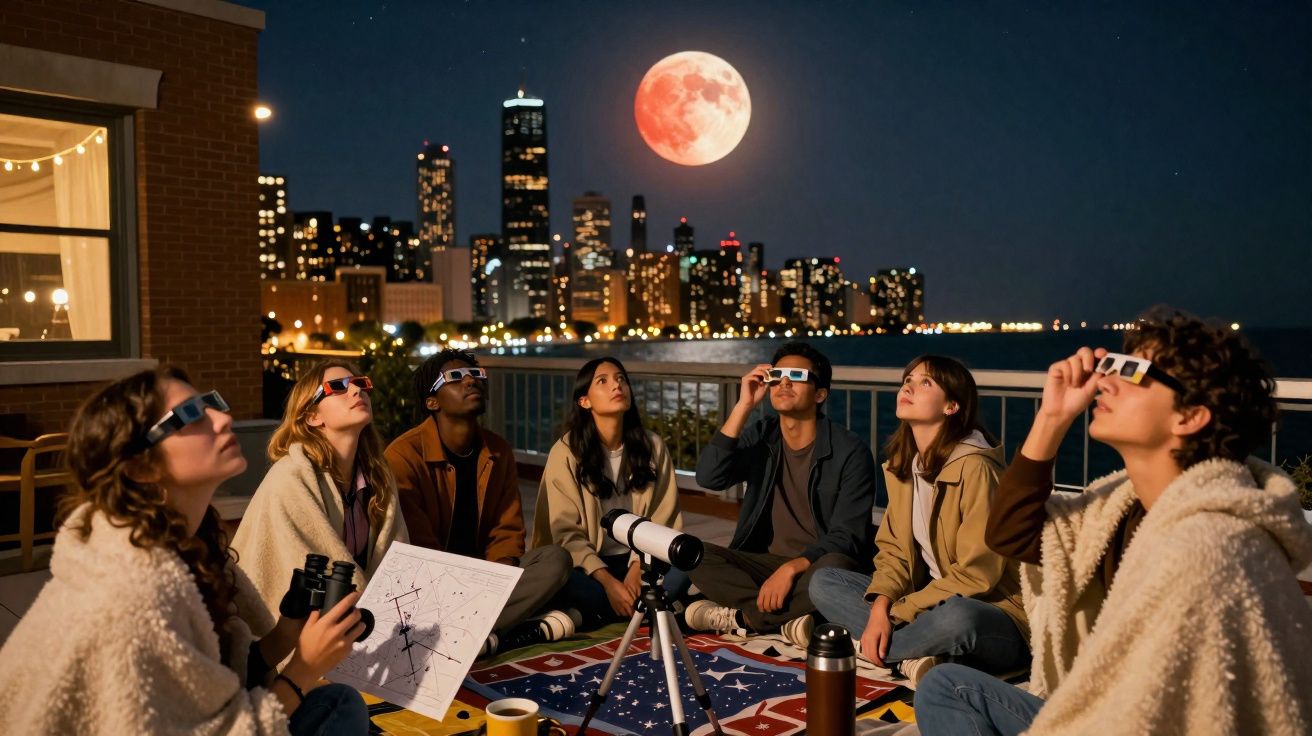 Grupo de jovens observando a lua cheia com óculos especiais e telescópio em área externa urbana à noite.