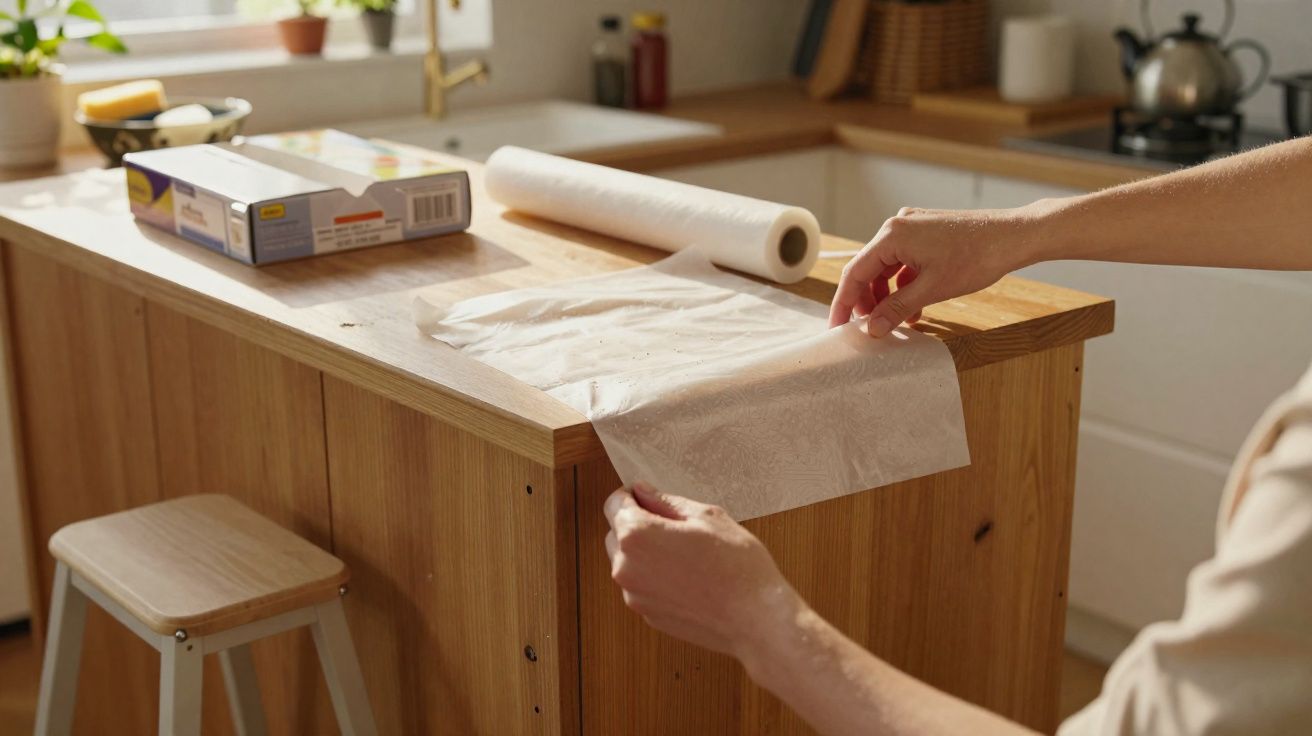 Pessoa estendendo folha de papel toalha sobre bancada de madeira em cozinha iluminada.