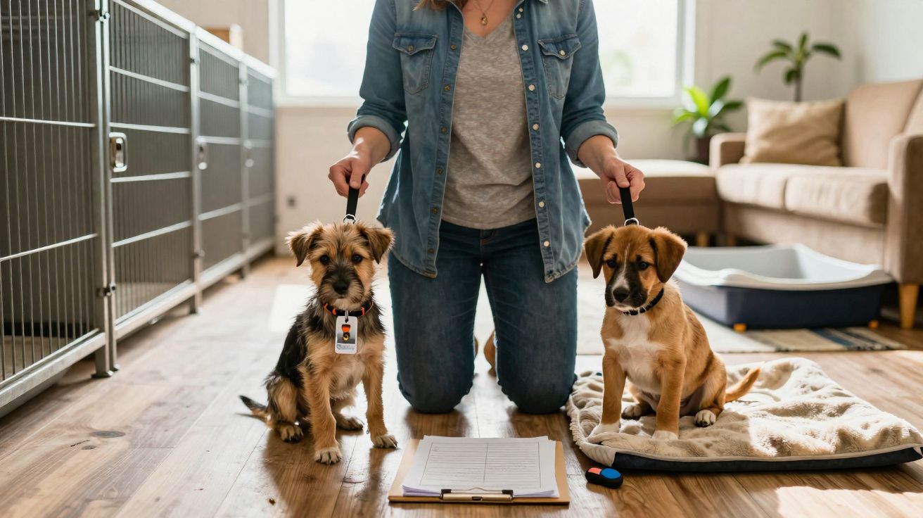Pessoa de joelhos conduz dois cachorros pequenos com coleiras em ambiente interno iluminado.