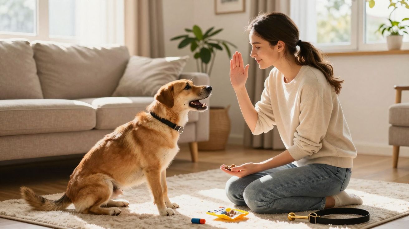 Mulher treinando cachorro dentro de casa, sentada no tapete com brinquedos e petiscos.