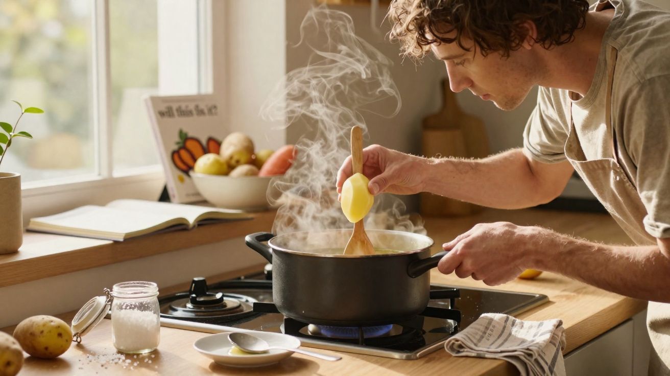 Homem adiciona batata em panela fumegante enquanto cozinha em fogão a gás na cozinha iluminada pela janela.
