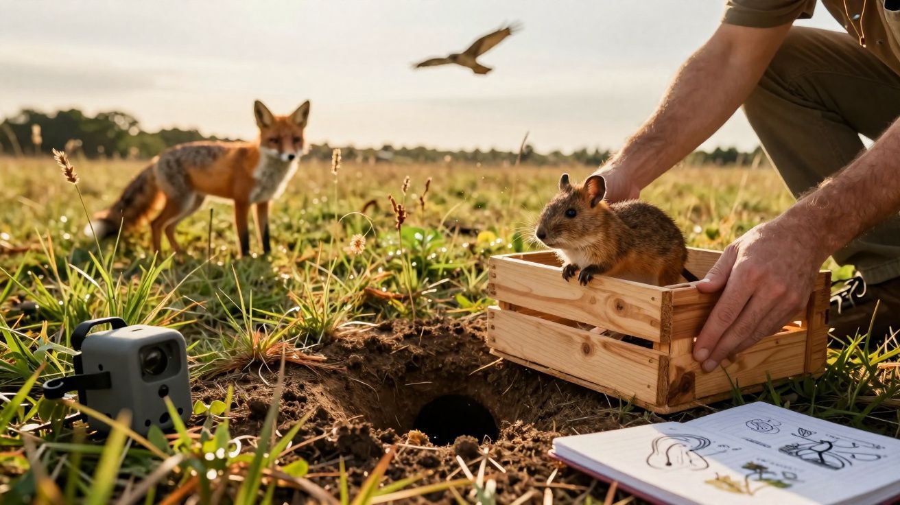 Homem soltando roedor em caixa de madeira próximo a toca, com raposa e pássaro ao fundo em campo aberto.
