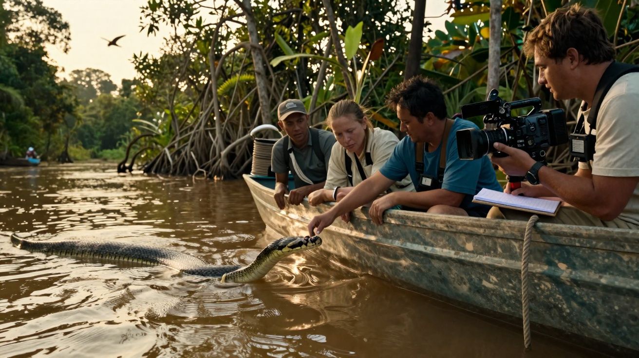 Quatro pessoas em barco observam e filmam sucuri na água de rio cercado por vegetação densa.