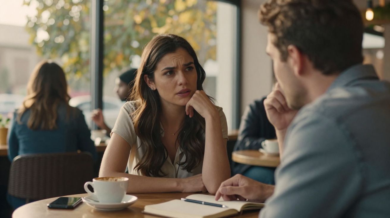 Mulher preocupada conversa com homem em café, com xícara de café e caderno à mesa.