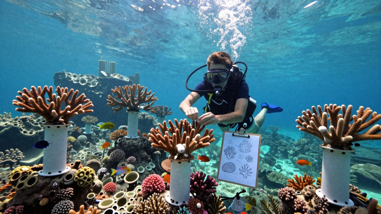 Mergulhador fazendo restauração de corais em recife, rodeado por peixes coloridos e corais diversos.