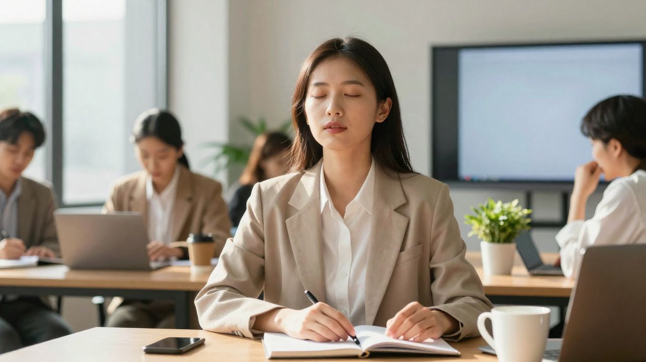 Mulher em terno bege meditando com olhos fechados e caneta na mão em escritório com colegas ao fundo.