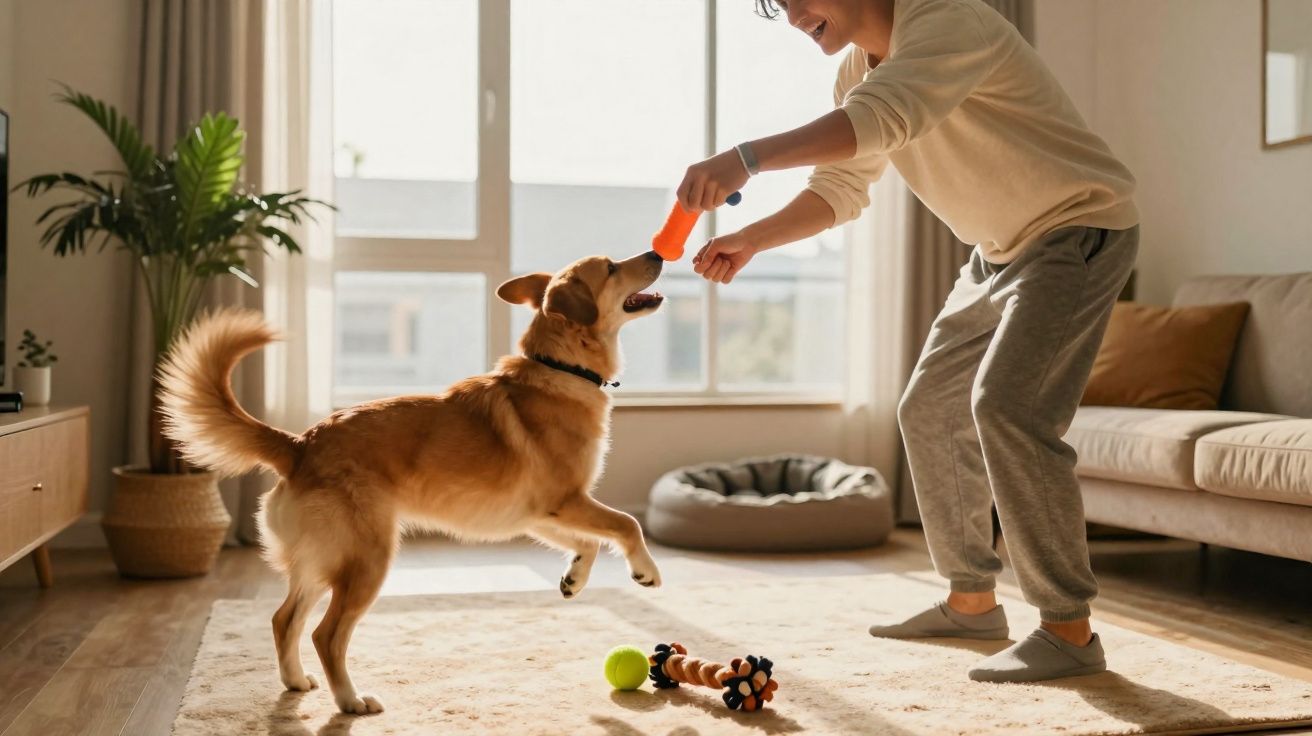Criança brincando com cachorro em sala iluminada, ambos segurando brinquedo laranja.