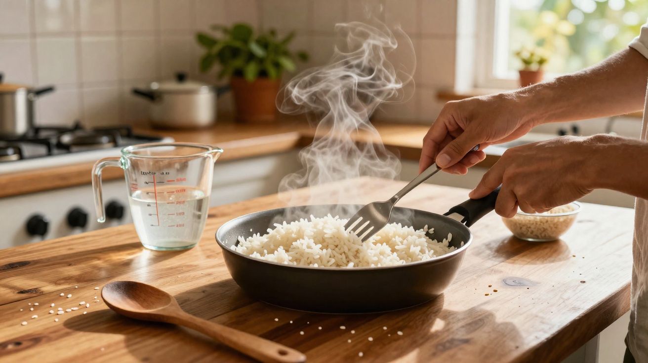 Mãos mexendo arroz cozido em frigideira com vapor saindo, jarra medidora com água e colher de pau na bancada.