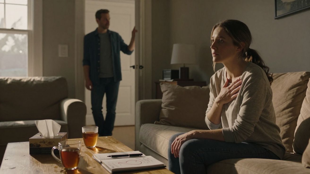 Mulher sentada no sofá com expressão preocupada e homem ao fundo em porta semiaberta, ambiente interno.