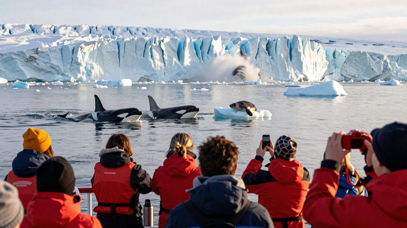 Turistas observam orcas e uma foca sobre iceberg flutuante no mar gelado com geleira ao fundo.