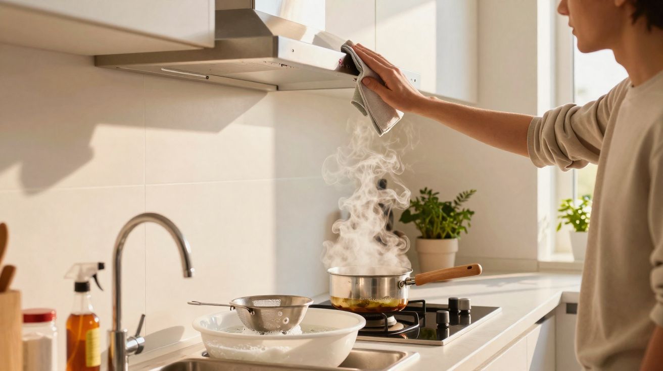 Pessoa abrindo o exaustor enquanto cozinha com panela fumegante em fogão a gás na cozinha clara.