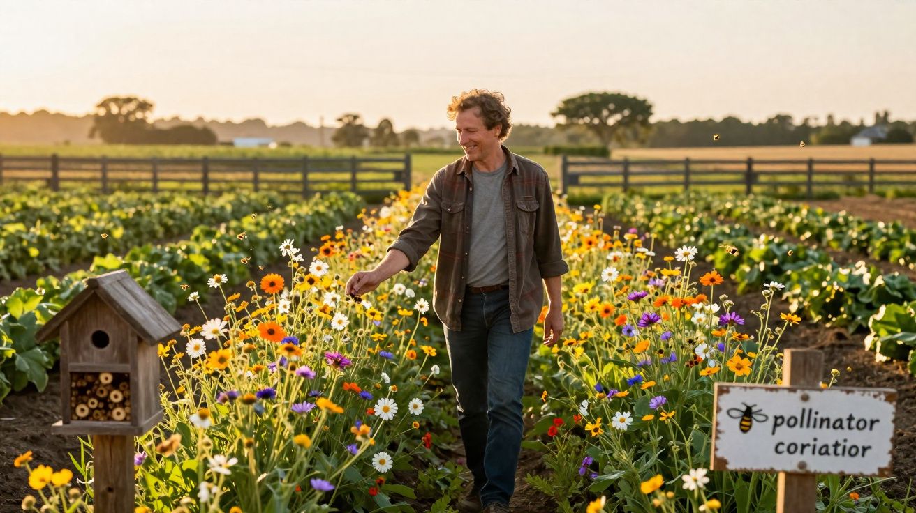 Homem caminhando e apreciando flores coloridas em campo agrícola ao pôr do sol.