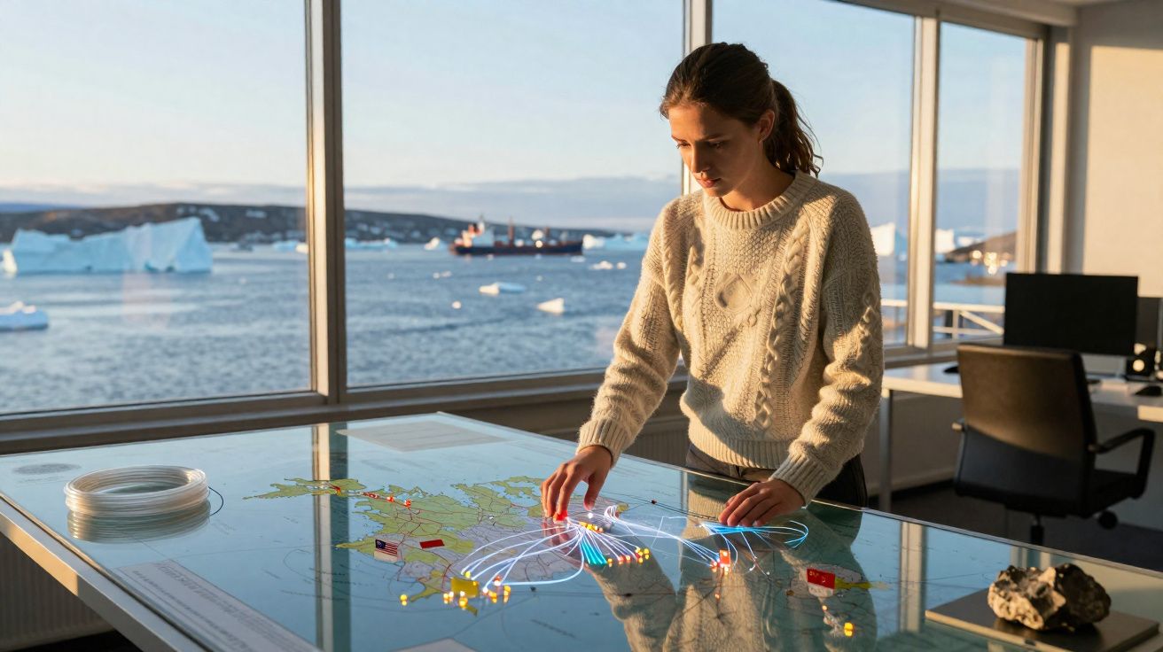 Mulher em suéter branco interage com mapa luminoso em sala com vista para mar e icebergues.