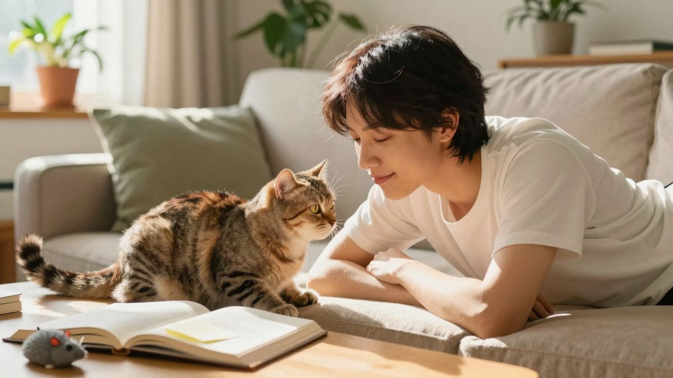 Pessoa deitada no sofá olhando carinhosamente para gato sobre a mesa com livro aberto e brinquedo de rato.