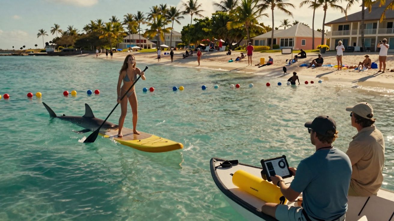 Mulher de biquíni em prancha de stand-up paddle com tubarão nadando próximo à praia com pessoas observando.
