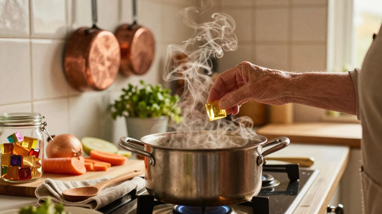 Mão colocando cubo de caldo dourado em panela com vapor no fogão, ingredientes e potes ao fundo.